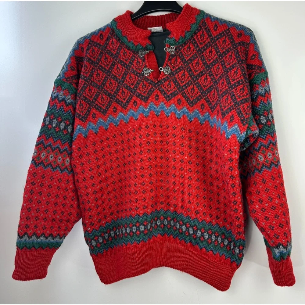 Dale Of Norway Pure Wool Lined Heavyweight Sweater Red Nordic Print Clasp Large - Picture 16 of 16